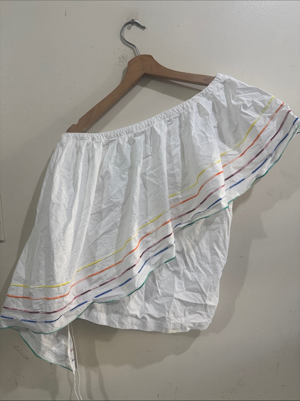 Rosie Assoulin White One-Shoulder Ruffle Top with Multicolor Stripe Trim